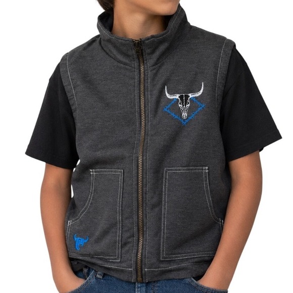 Cowboy Hardware Other - Cowboy Hardware Kids Charcoal Grey Longhorn Skull Barbed Wire Zip Vest L 10/12